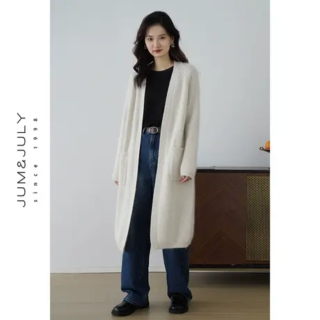 嘉茱莉2023秋季新款V领羊毛针织开衫女长款宽松上衣外套毛衣外搭商品大图