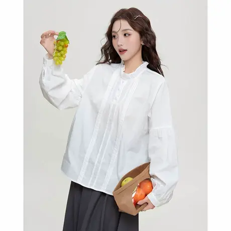 唐狮秋冬新款长袖衬衫女前皱褶领口荷叶边衬衫宽松百搭ins风TD商品大图