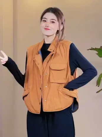 秋冬新品韩版潮流街头纯色拼接宽松个性夹棉立体口袋马甲外套女潮商品大图