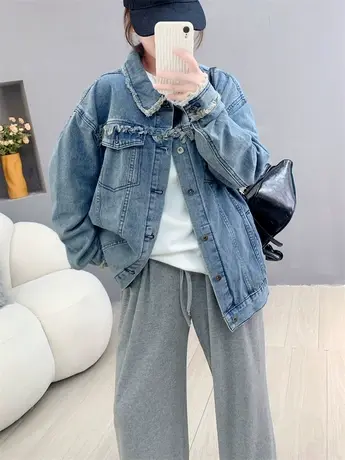 美式复古毛边牛仔外套女春秋2023新款韩版宽松潮牌设计感夹克上衣图片
