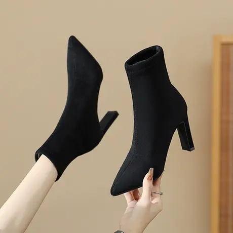 绒面短靴女2023新款秋冬季加绒尖头瘦瘦靴气质百搭黑色粗跟短筒靴商品大图