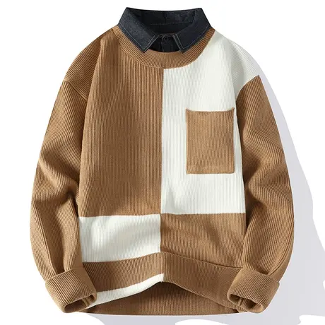 男士假两件毛衣秋冬季衬衫领打底针织衫加绒加厚款衬衣假领羊毛衫商品大图