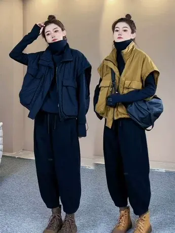 2023秋冬新款纯色夹棉马夹女士宽松休闲简约百搭无袖上衣外套马夹商品大图