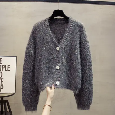 v领毛衣外套女2023秋冬新款宽松慵懒风外搭上衣厚洋气针织开衫潮图片