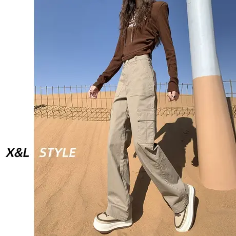 卡其美式工装裤女秋冬新款高腰宽松阔腿加绒小个子窄版直筒休闲裤图片