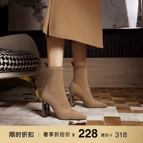 熙漫2023秋冬新款尖头简约显瘦短筒靴粗跟小个子舒适加绒法式女靴图片