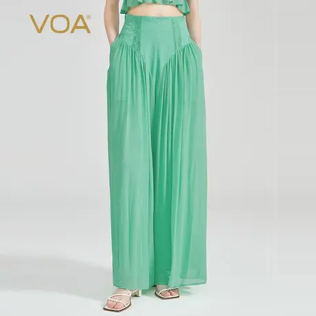 VOA双层乔其纯桑蚕丝拼接提花织锦自然腰侧口袋纯绿色真丝裙裤图片