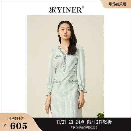 YINER音儿女装春季时尚小香风编织格纹V领连衣裙图片