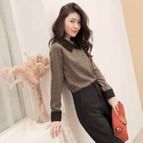 桔熊秋冬假两件套上衣女通勤人字格纹仿呢料翻领衬衫大码AB13912图片