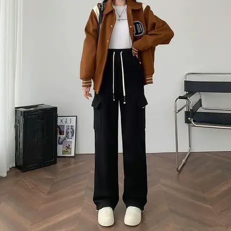 美式黑色加绒工装裤女2024冬季新款高腰显瘦直筒宽松束脚阔腿裤子图片