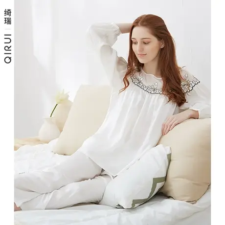 【特价真丝】绮瑞女春秋季真丝睡衣薄款长袖100%桑蚕丝白色家居服商品大图