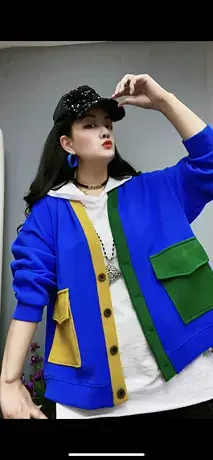 复古文艺2023年春季女装v领宽松外套女短款拼色短外套慵懒风上衣图片