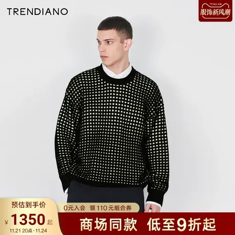 TRENDIANO经典系列撞色编织绵羊毛圆领宽松毛织衫男2023新款冬季商品大图