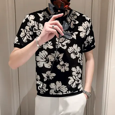 夏季男士短袖打底衫薄款花色满印个性t恤潮流休闲时尚修身体恤ins商品大图