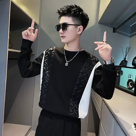 圆领卫衣男春秋款2023新款拼接高街潮牌复古学生休闲原宿无帽外套商品大图