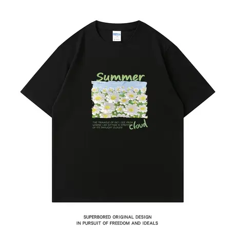 夏季日系花朵纯棉短袖T恤男ins港风青少年圆领宽松休闲半袖体恤衫商品大图