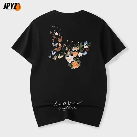 重磅短袖T恤ins夏季男士半袖纯棉情侣打底衫潮流蝴蝶刺绣圆领体恤商品大图