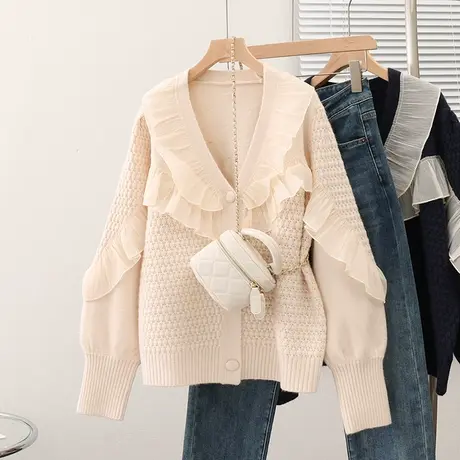 2023秋装新款韩版宽松V领纯色针织长袖外套上衣百搭拼接毛衣开衫商品大图