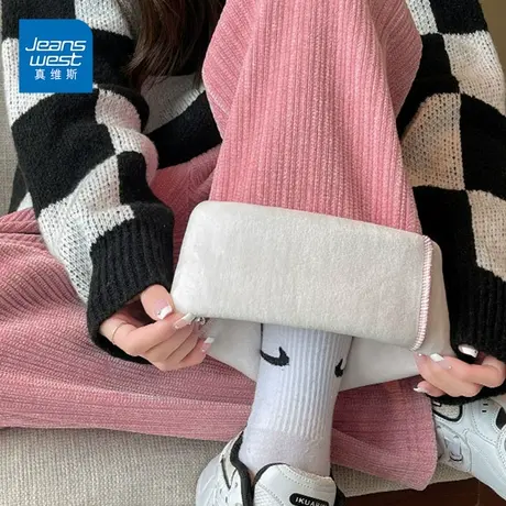 真维斯加绒雪尼尔阔腿裤女2022秋冬新款高腰抽绳宽松显瘦加厚长裤商品大图