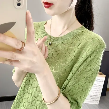 夏季女士镂空针织短袖2024新款钩花镂空设计感高级圆领绿色上衣潮商品大图