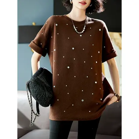 宝诗黎圆领钉珠棉质宽松短袖T恤2023秋冬打底落肩上衣女休闲显瘦图片