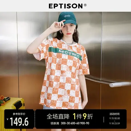 EPTISON短袖2023年新款女夏季纯棉趣味格纹印花休闲街头时尚T恤图片