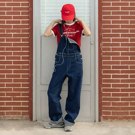 omont蛋挞家 复古水洗背带裤女春秋宽松直筒裤小个子高腰显瘦裤子商品大图