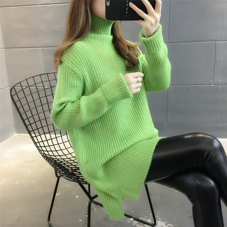 高领套头纯色毛衣女2023秋冬新款韩版宽松中长款打底针织蝙蝠衫商品大图