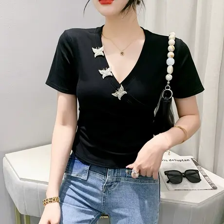 网红短款T恤女ins潮夏季辣妹性感交叉V领上衣紧身短袖小衫设计感图片