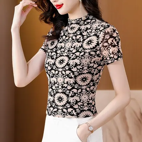 2024夏装新款立领网纱短袖T恤女士复古气质上衣修身显瘦印花小时商品大图