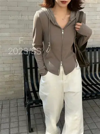 早春季2023新款双拉链连帽开衫T恤女修身显瘦设计感纯欲长袖上衣图片