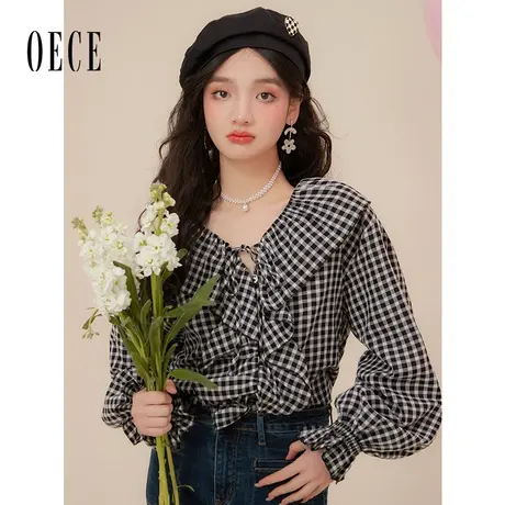 Oece复古格纹衬衫春装女年新款设计感上衣早春格子衫商品大图