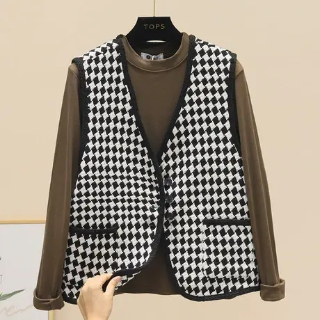 2023秋季新款法式复古千鸟格小香风马甲女宽松百搭粗花呢马夹外套商品大图