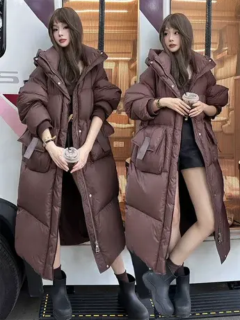 加厚加长连帽过膝羽绒服女2023冬季爆款宽松显瘦白鸭绒保暖面包服图片