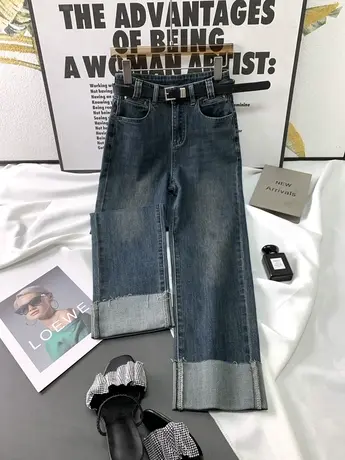 水洗做旧卷边牛仔直筒裤女2023秋季新款显瘦百搭高腰裤弹力九分裤商品大图