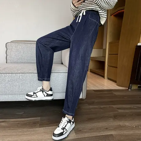 束脚哈伦牛仔裤女早秋新款梨形身材松紧腰小个子高腰宽松灯笼裤子商品大图