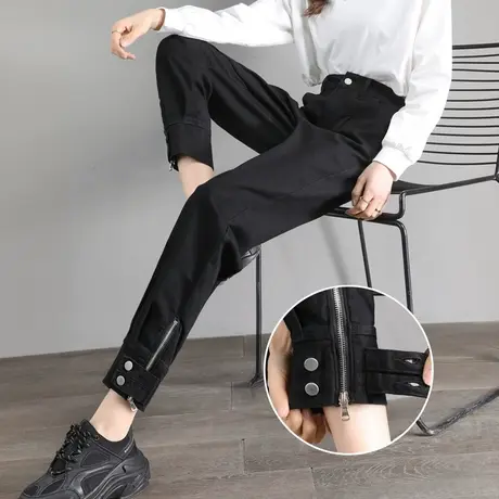 黑色工装裤女高腰牛仔裤直筒宽松秋装2023年新款显瘦束脚老爹裤子商品大图