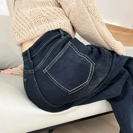 蓝色阔腿牛仔裤女秋冬新款高腰宽松显瘦加绒加厚保暖拖地直筒长裤图片