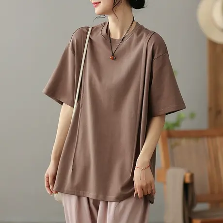 dza文艺复古纯色短袖T恤女2023夏季薄款圆领体恤宽松显瘦打底上衣商品大图