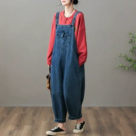 dza 文艺复古口袋牛仔背带裤子女2023春新款宽松阔腿裤休闲直筒裤图片