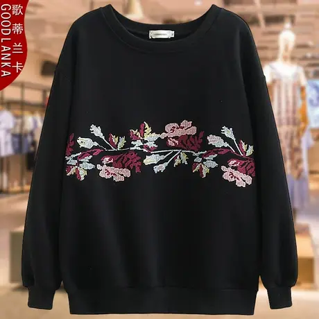 加肥加大码中年妈妈秋装卫衣女宽松洋气刺绣中老年圆领套头衫外套图片