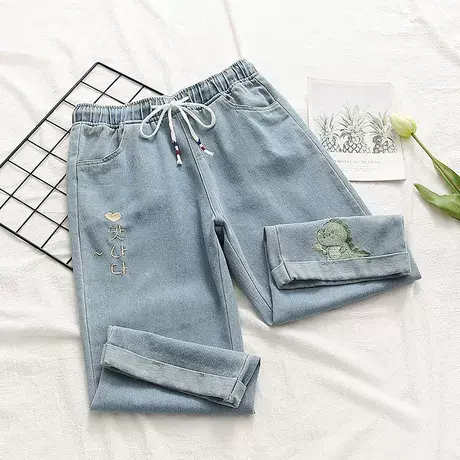 夏季新款可爱刺绣宽松休闲阔腿裤学生七分牛仔裤女薄款百搭直筒裤图片