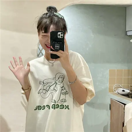 红续原创卡通可爱滑板少年新款盐系ulzzang宽松百搭纯棉短袖T恤女商品大图