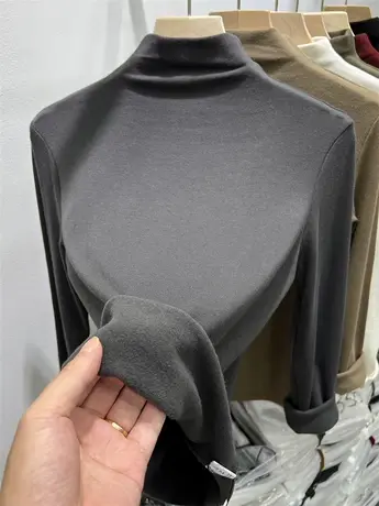 气质半高领加薄绒加厚长袖T恤女2023秋冬新款纯色内搭打底衫上衣商品大图
