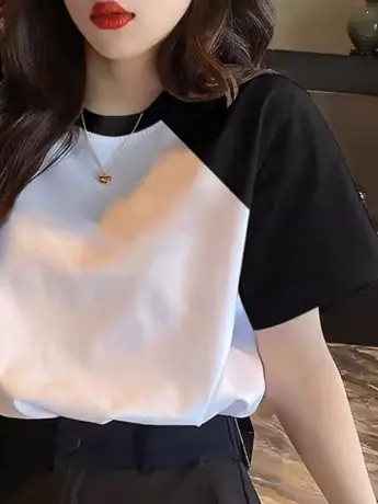 正肩仿棉撞色短袖t恤女夏季薄款2023年新款宽松显瘦半袖女上衣ins图片