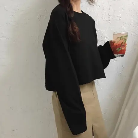 ins超火长袖t恤女春秋宽松韩版潮学生百搭显瘦短款露脐打底上衣服商品大图