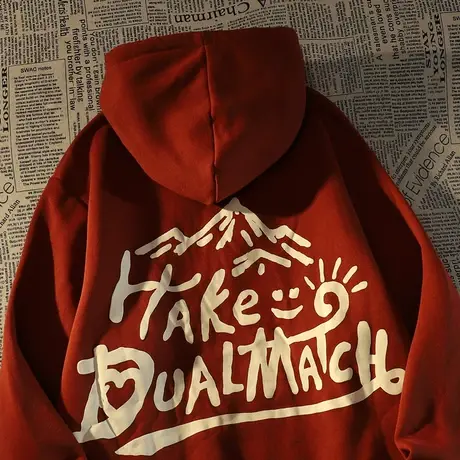 原创高街国潮男女卫衣酒红色2021秋冬大码mm胖潮酷大版bf潮牌痞帅商品大图