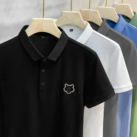 虎头刺绣丝光棉短袖POLO衫男夏季宽松大码加肥加大翻领t恤体恤薄商品大图