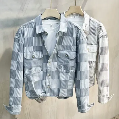 工装痞帅长袖衬衫男装格子2023年新款秋季潮流条纹衬衣春秋外套男图片