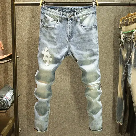 高街复古牛仔裤男款修身小脚裤欧美时尚十字架ins潮高端休闲长裤商品大图